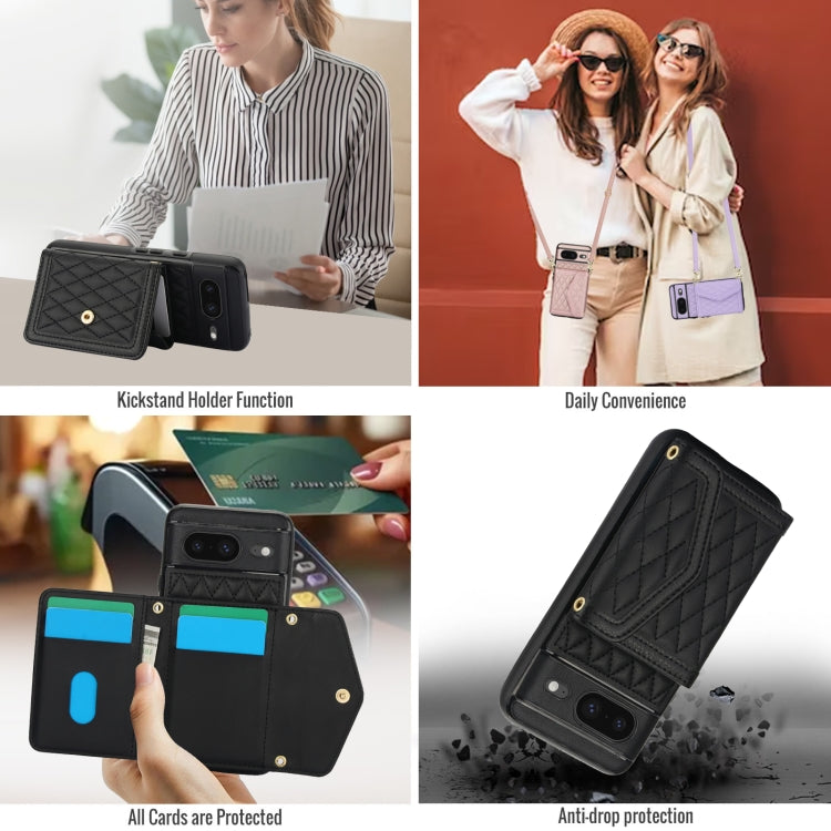 For Google Pixel 8 Splicing Rhombic Texture Card Bag Phone Case with Long Lanyard