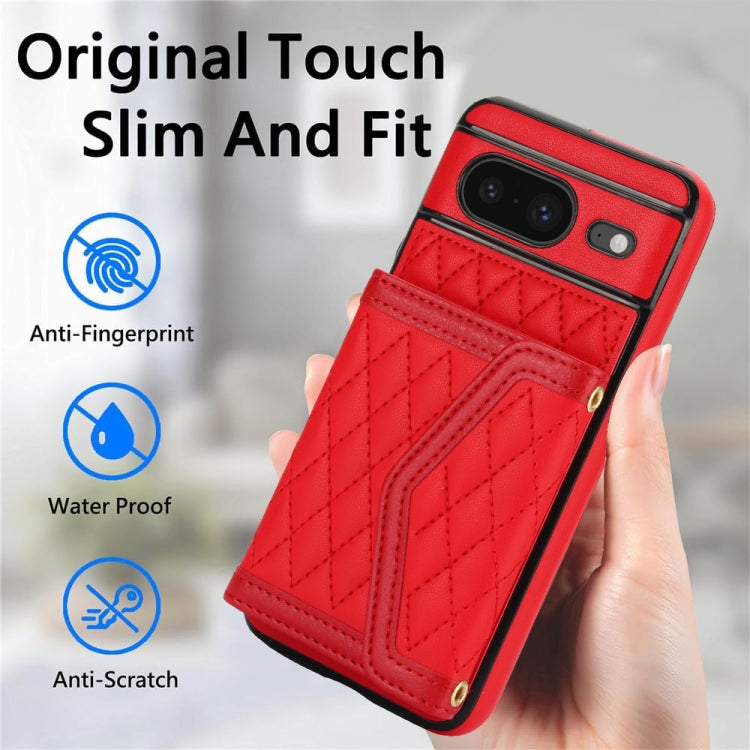 For Google Pixel 8 Splicing Rhombic Texture Card Bag Phone Case with Long Lanyard
