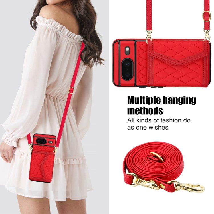 For Google Pixel 8 Splicing Rhombic Texture Card Bag Phone Case with Long Lanyard