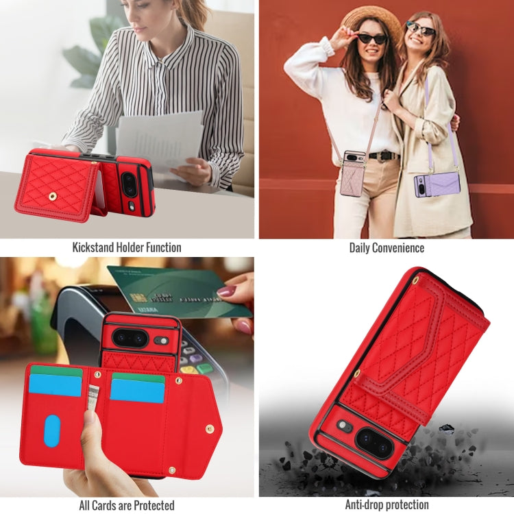 For Google Pixel 8 Splicing Rhombic Texture Card Bag Phone Case with Long Lanyard