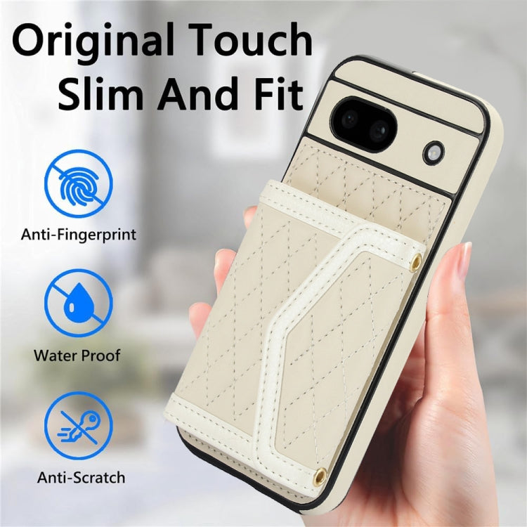 For Google Pixel 8a Splicing Rhombic Texture Card Bag Phone Case with Long Lanyard