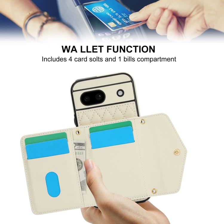 For Google Pixel 8a Splicing Rhombic Texture Card Bag Phone Case with Long Lanyard