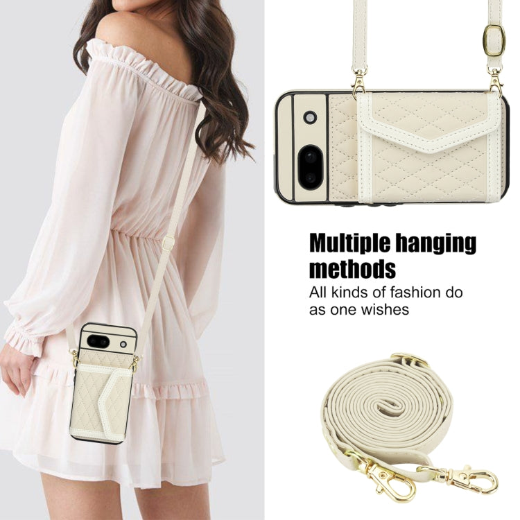 For Google Pixel 8a Splicing Rhombic Texture Card Bag Phone Case with Long Lanyard