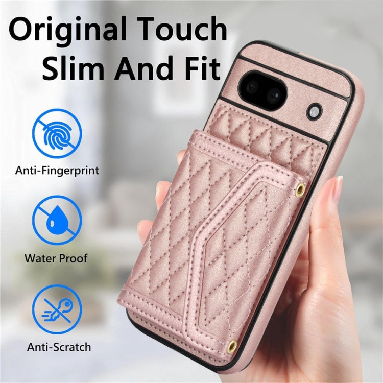 For Google Pixel 8a Splicing Rhombic Texture Card Bag Phone Case with Long Lanyard