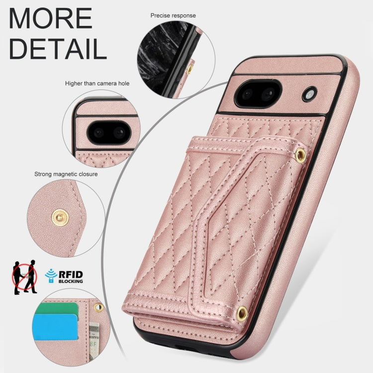 For Google Pixel 8a Splicing Rhombic Texture Card Bag Phone Case with Long Lanyard
