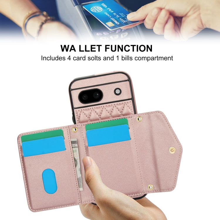 For Google Pixel 8a Splicing Rhombic Texture Card Bag Phone Case with Long Lanyard