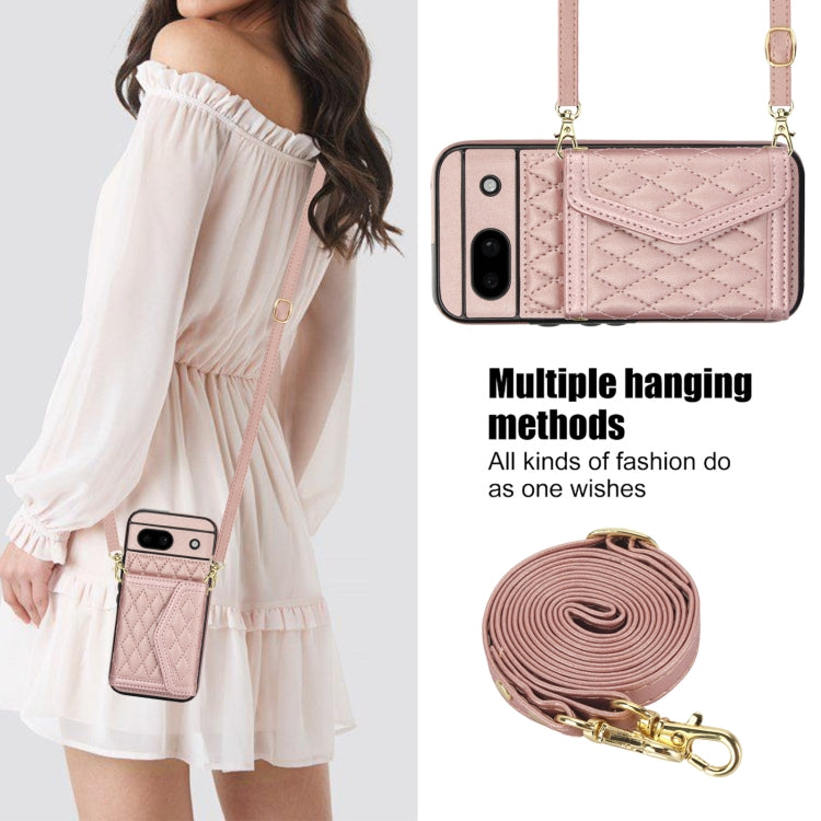 For Google Pixel 8a Splicing Rhombic Texture Card Bag Phone Case with Long Lanyard