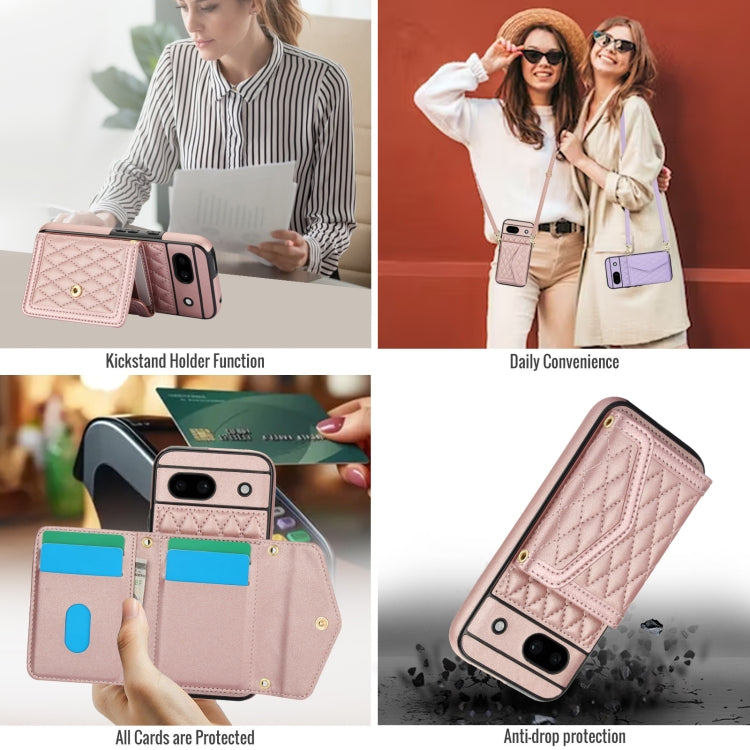 For Google Pixel 8a Splicing Rhombic Texture Card Bag Phone Case with Long Lanyard