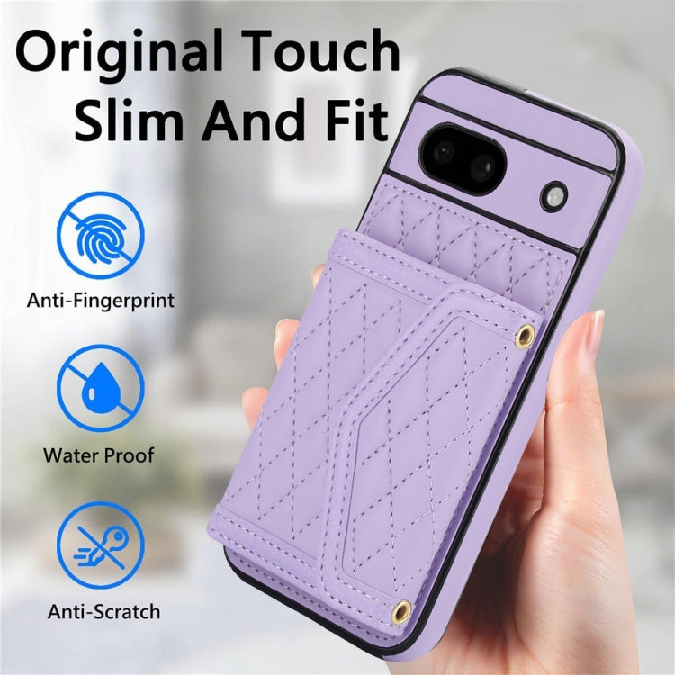For Google Pixel 8a Splicing Rhombic Texture Card Bag Phone Case with Long Lanyard