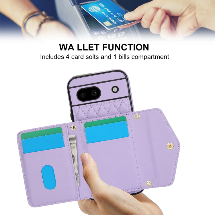 For Google Pixel 8a Splicing Rhombic Texture Card Bag Phone Case with Long Lanyard