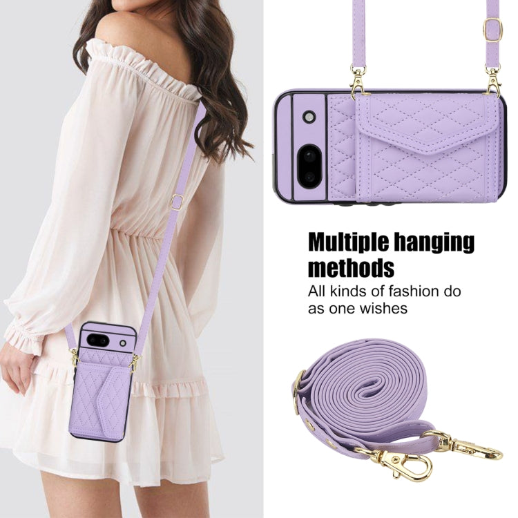For Google Pixel 8a Splicing Rhombic Texture Card Bag Phone Case with Long Lanyard