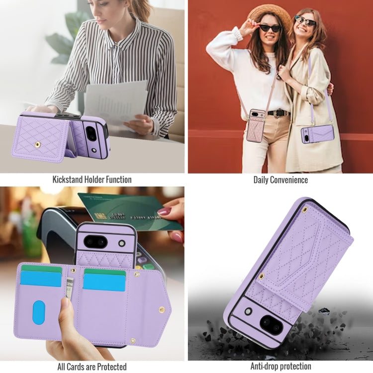 For Google Pixel 8a Splicing Rhombic Texture Card Bag Phone Case with Long Lanyard