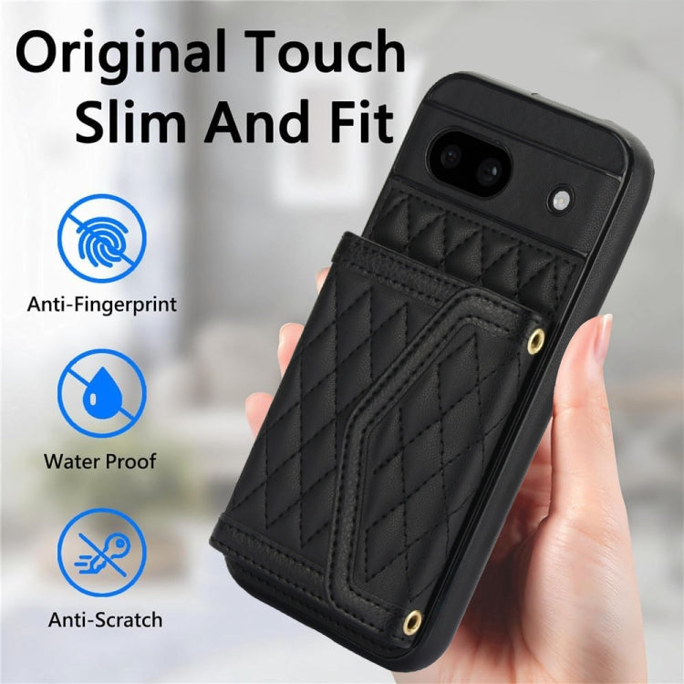 For Google Pixel 8a Splicing Rhombic Texture Card Bag Phone Case with Long Lanyard