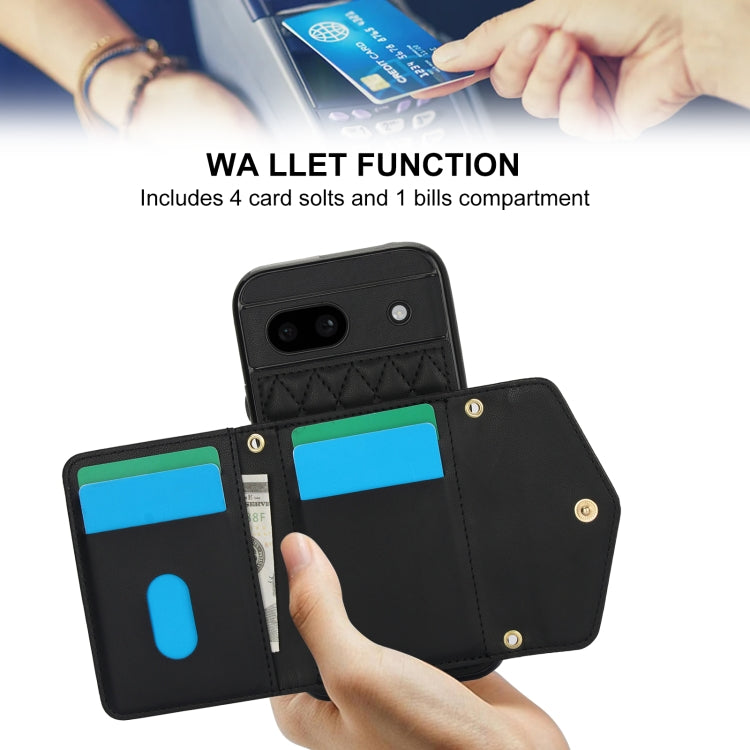 For Google Pixel 8a Splicing Rhombic Texture Card Bag Phone Case with Long Lanyard