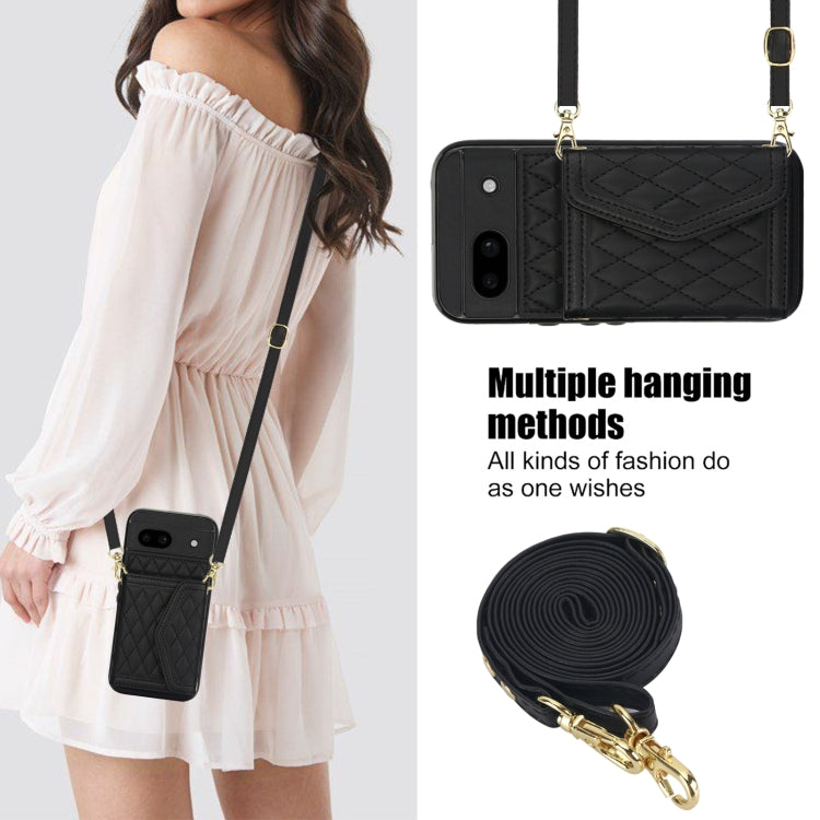 For Google Pixel 8a Splicing Rhombic Texture Card Bag Phone Case with Long Lanyard