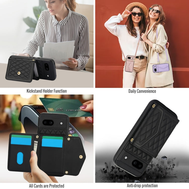 For Google Pixel 8a Splicing Rhombic Texture Card Bag Phone Case with Long Lanyard