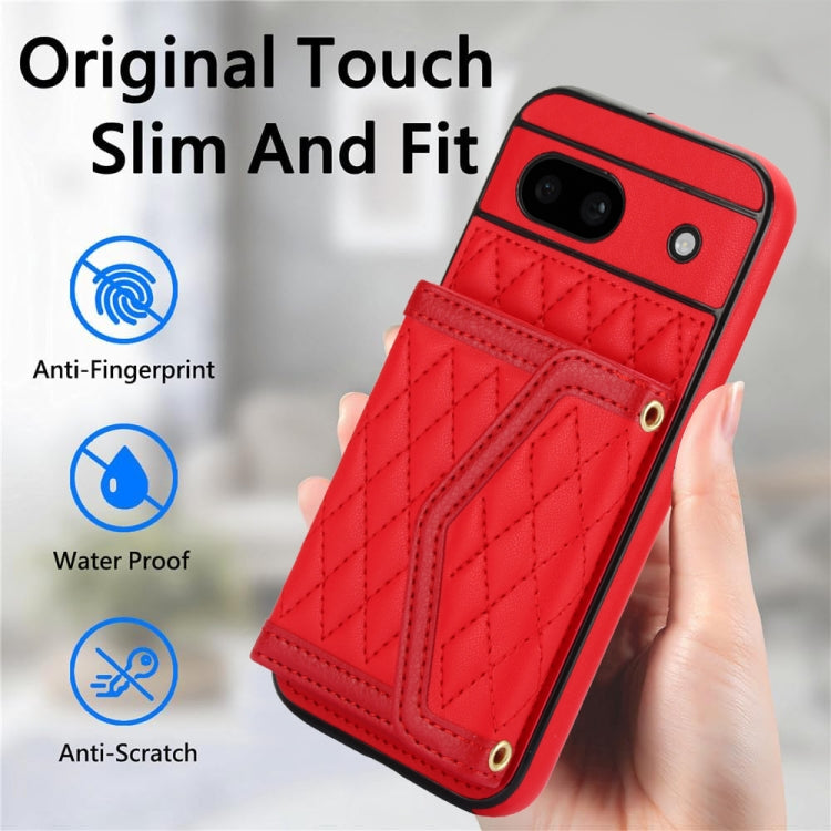 For Google Pixel 8a Splicing Rhombic Texture Card Bag Phone Case with Long Lanyard