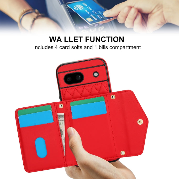For Google Pixel 8a Splicing Rhombic Texture Card Bag Phone Case with Long Lanyard
