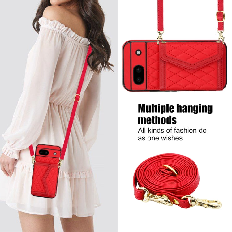 For Google Pixel 8a Splicing Rhombic Texture Card Bag Phone Case with Long Lanyard