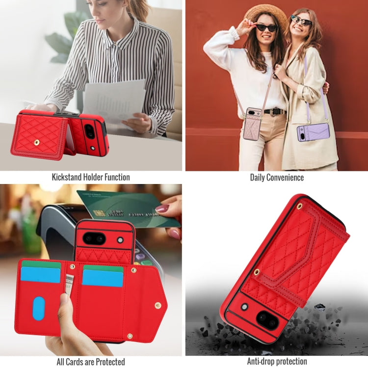 For Google Pixel 8a Splicing Rhombic Texture Card Bag Phone Case with Long Lanyard