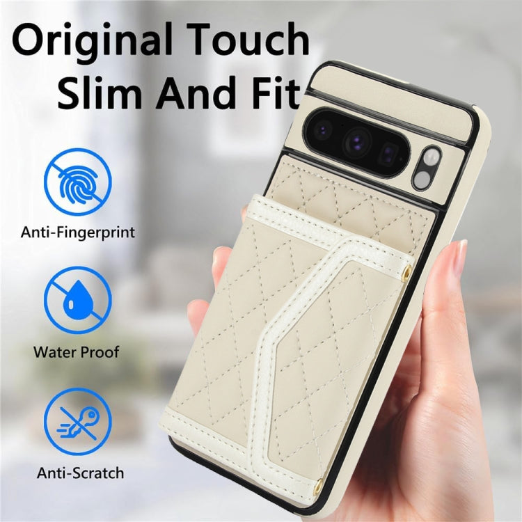 For Google Pixel 8 Pro Splicing Rhombic Texture Card Bag Phone Case with Long Lanyard