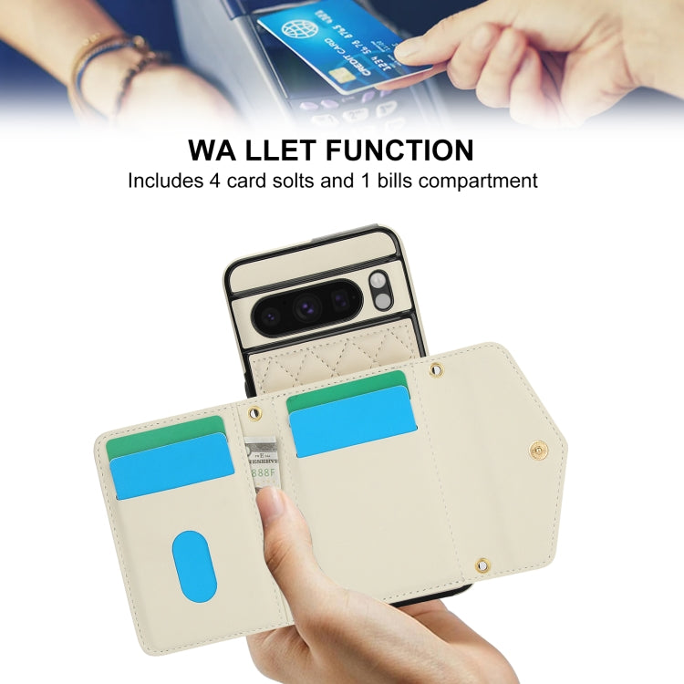 For Google Pixel 8 Pro Splicing Rhombic Texture Card Bag Phone Case with Long Lanyard