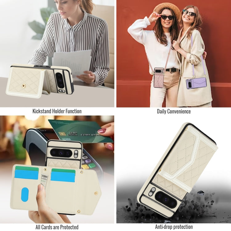 For Google Pixel 8 Pro Splicing Rhombic Texture Card Bag Phone Case with Long Lanyard