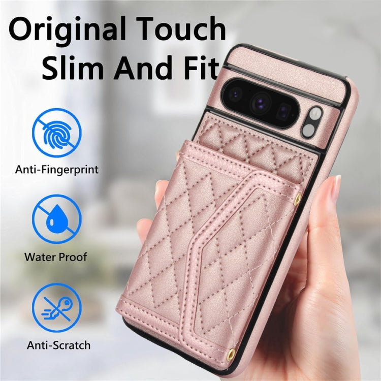 For Google Pixel 8 Pro Splicing Rhombic Texture Card Bag Phone Case with Long Lanyard