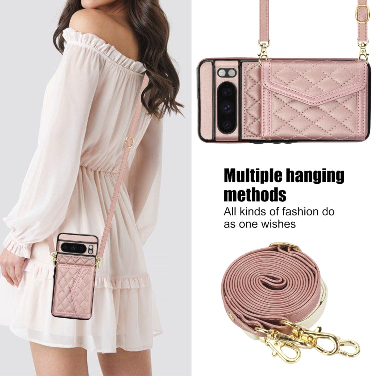 For Google Pixel 8 Pro Splicing Rhombic Texture Card Bag Phone Case with Long Lanyard
