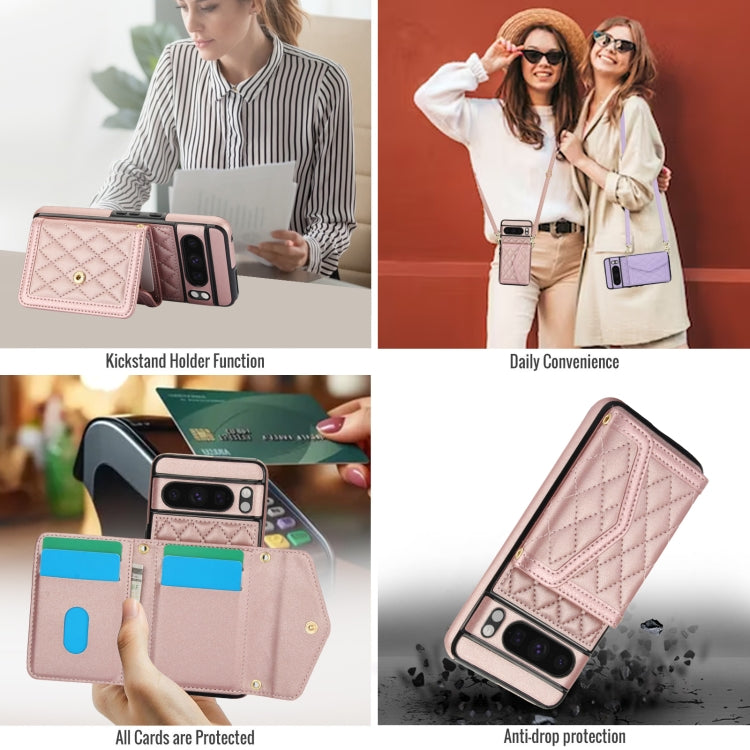 For Google Pixel 8 Pro Splicing Rhombic Texture Card Bag Phone Case with Long Lanyard