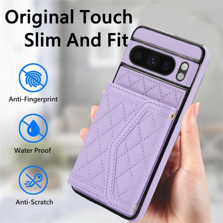 For Google Pixel 8 Pro Splicing Rhombic Texture Card Bag Phone Case with Long Lanyard