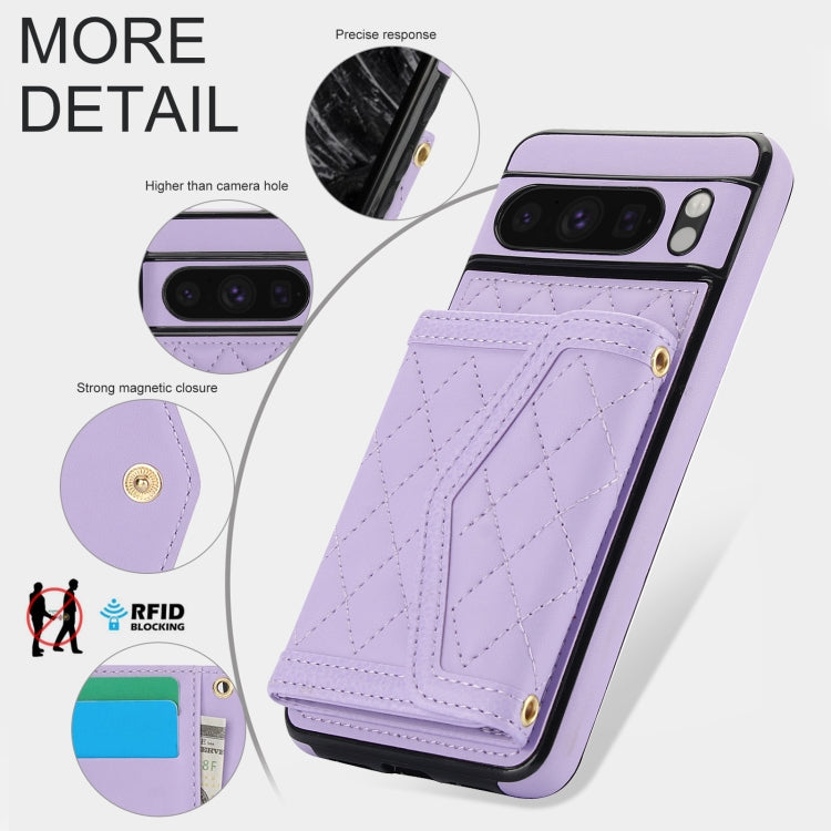 For Google Pixel 8 Pro Splicing Rhombic Texture Card Bag Phone Case with Long Lanyard