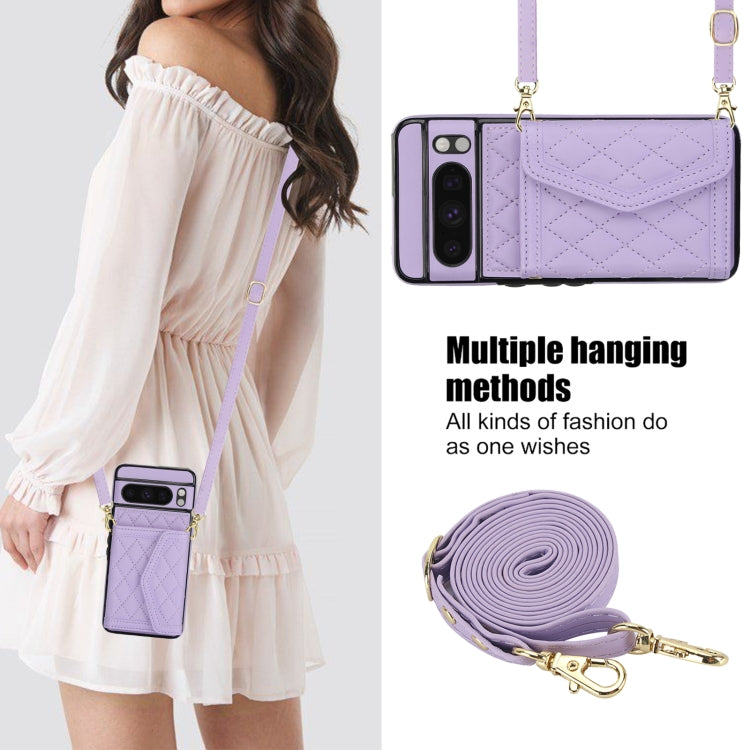 For Google Pixel 8 Pro Splicing Rhombic Texture Card Bag Phone Case with Long Lanyard