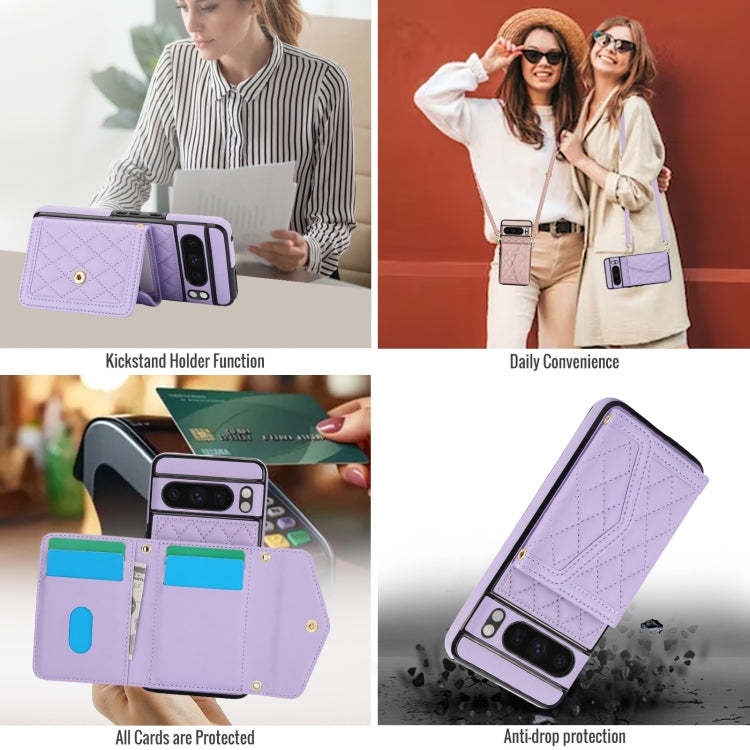 For Google Pixel 8 Pro Splicing Rhombic Texture Card Bag Phone Case with Long Lanyard