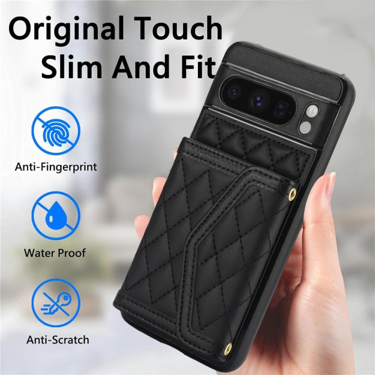 For Google Pixel 8 Pro Splicing Rhombic Texture Card Bag Phone Case with Long Lanyard