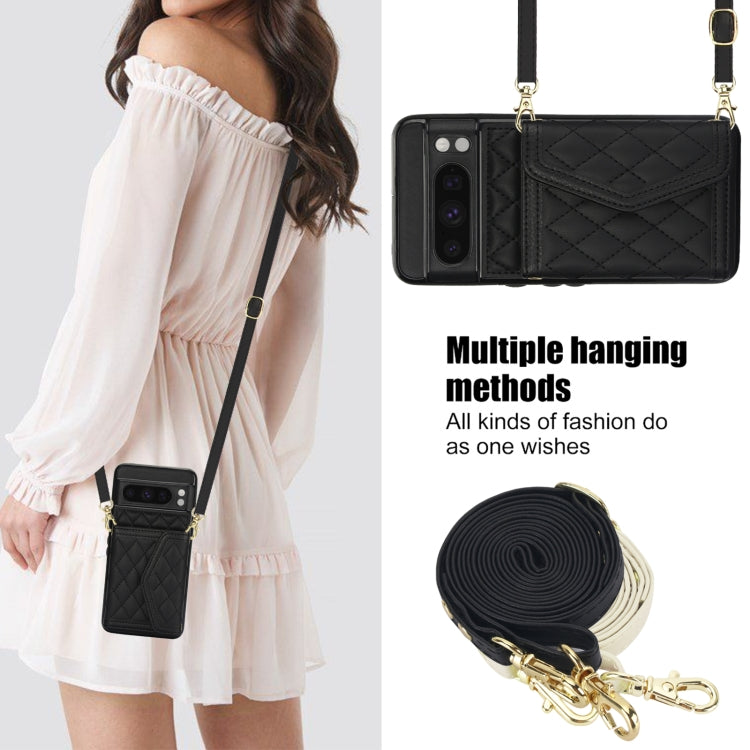 For Google Pixel 8 Pro Splicing Rhombic Texture Card Bag Phone Case with Long Lanyard