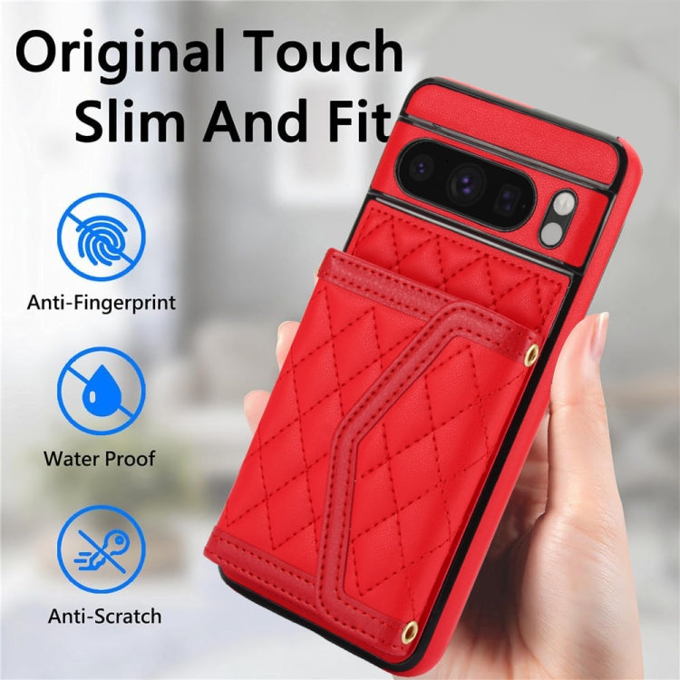 For Google Pixel 8 Pro Splicing Rhombic Texture Card Bag Phone Case with Long Lanyard