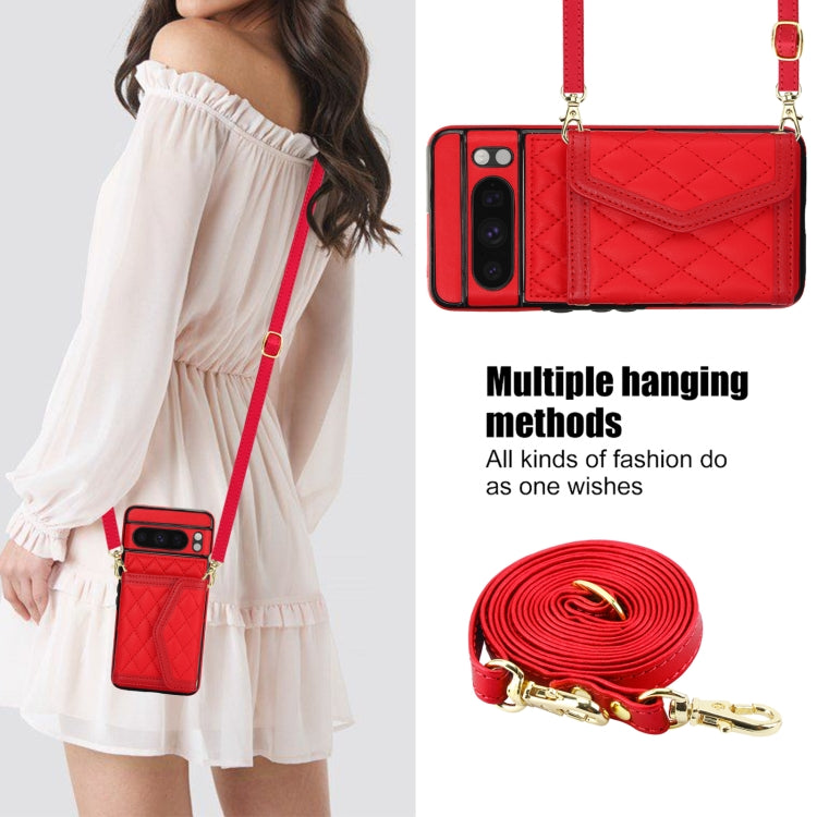 For Google Pixel 8 Pro Splicing Rhombic Texture Card Bag Phone Case with Long Lanyard
