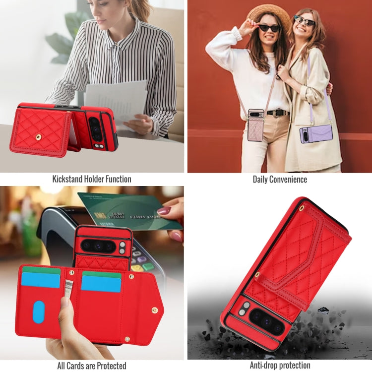 For Google Pixel 8 Pro Splicing Rhombic Texture Card Bag Phone Case with Long Lanyard