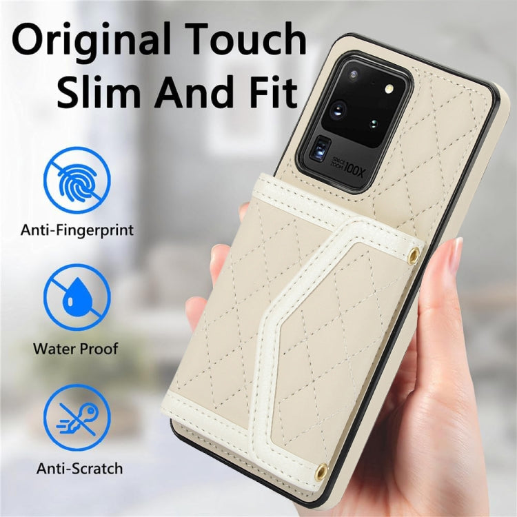 For Samsung Galaxy S20 Ultra Splicing Rhombic Texture Card Bag Phone Case with Long Lanyard