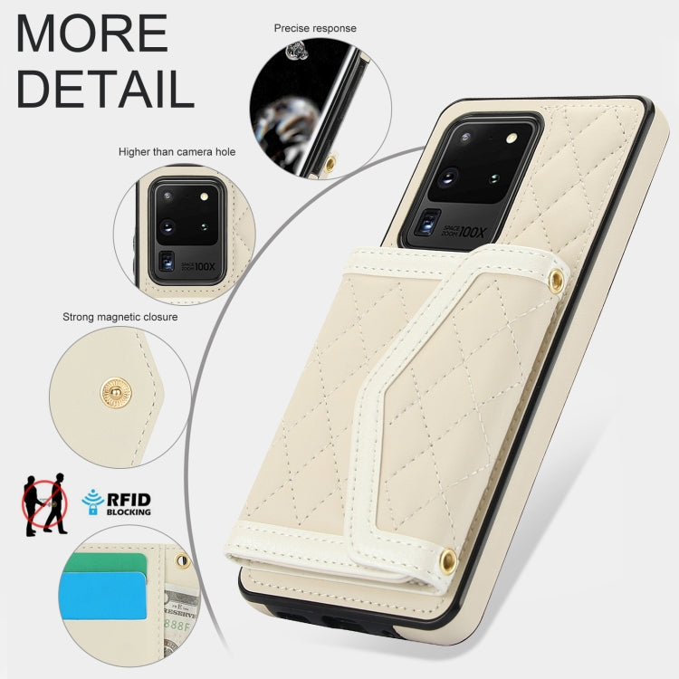 For Samsung Galaxy S20 Ultra Splicing Rhombic Texture Card Bag Phone Case with Long Lanyard
