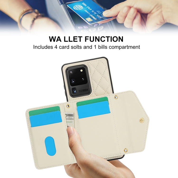 For Samsung Galaxy S20 Ultra Splicing Rhombic Texture Card Bag Phone Case with Long Lanyard