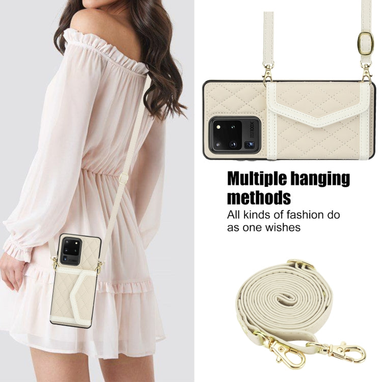 For Samsung Galaxy S20 Ultra Splicing Rhombic Texture Card Bag Phone Case with Long Lanyard