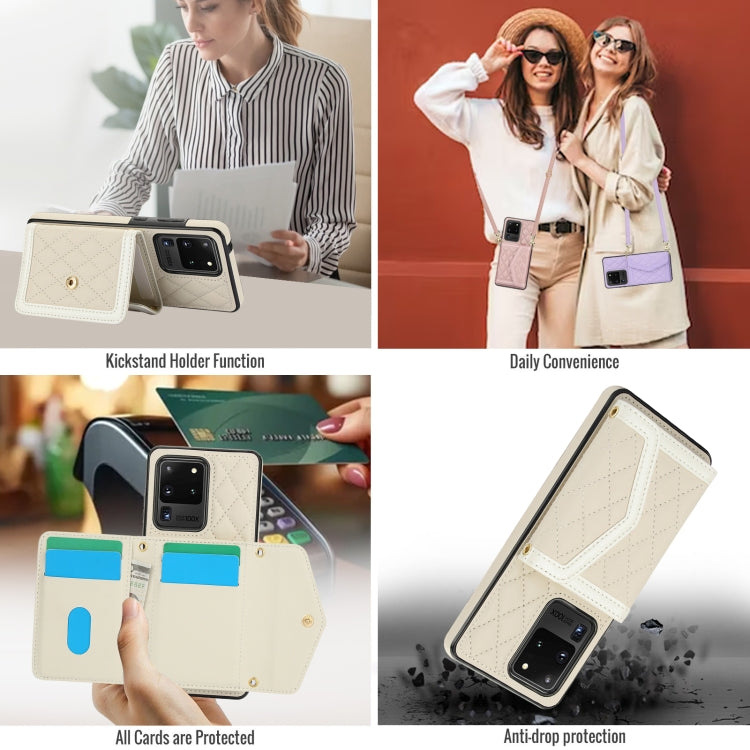 For Samsung Galaxy S20 Ultra Splicing Rhombic Texture Card Bag Phone Case with Long Lanyard