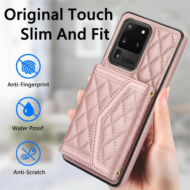 For Samsung Galaxy S20 Ultra Splicing Rhombic Texture Card Bag Phone Case with Long Lanyard
