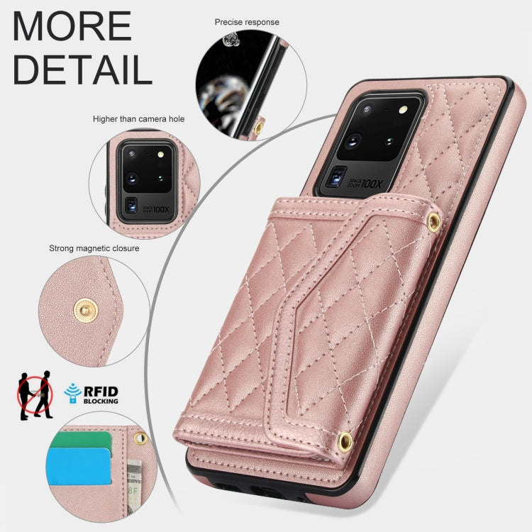 For Samsung Galaxy S20 Ultra Splicing Rhombic Texture Card Bag Phone Case with Long Lanyard