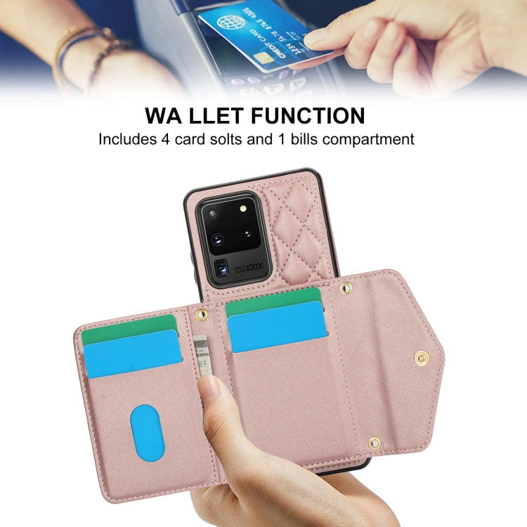 For Samsung Galaxy S20 Ultra Splicing Rhombic Texture Card Bag Phone Case with Long Lanyard