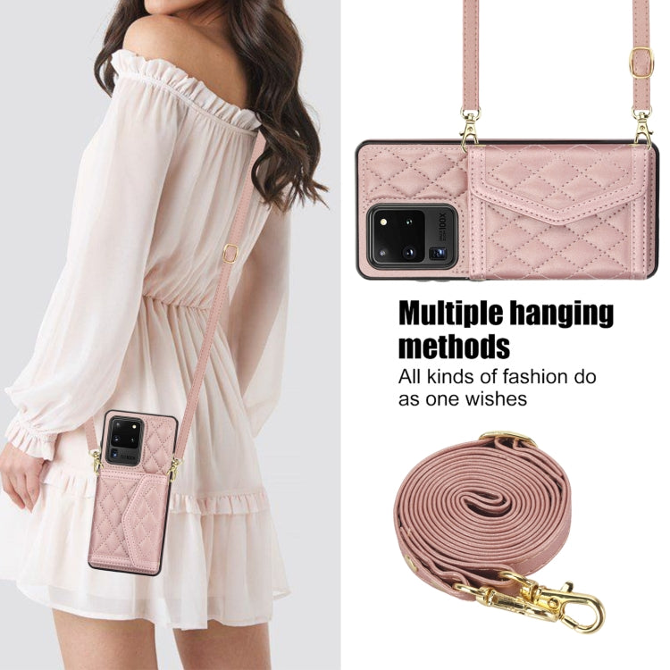 For Samsung Galaxy S20 Ultra Splicing Rhombic Texture Card Bag Phone Case with Long Lanyard