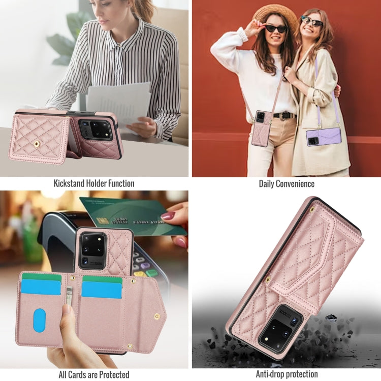 For Samsung Galaxy S20 Ultra Splicing Rhombic Texture Card Bag Phone Case with Long Lanyard