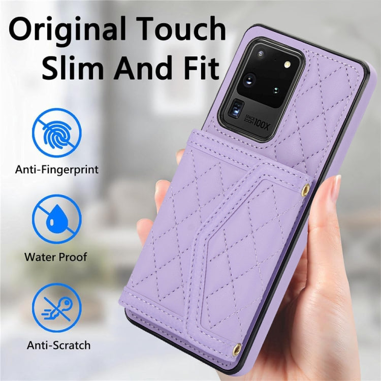 For Samsung Galaxy S20 Ultra Splicing Rhombic Texture Card Bag Phone Case with Long Lanyard